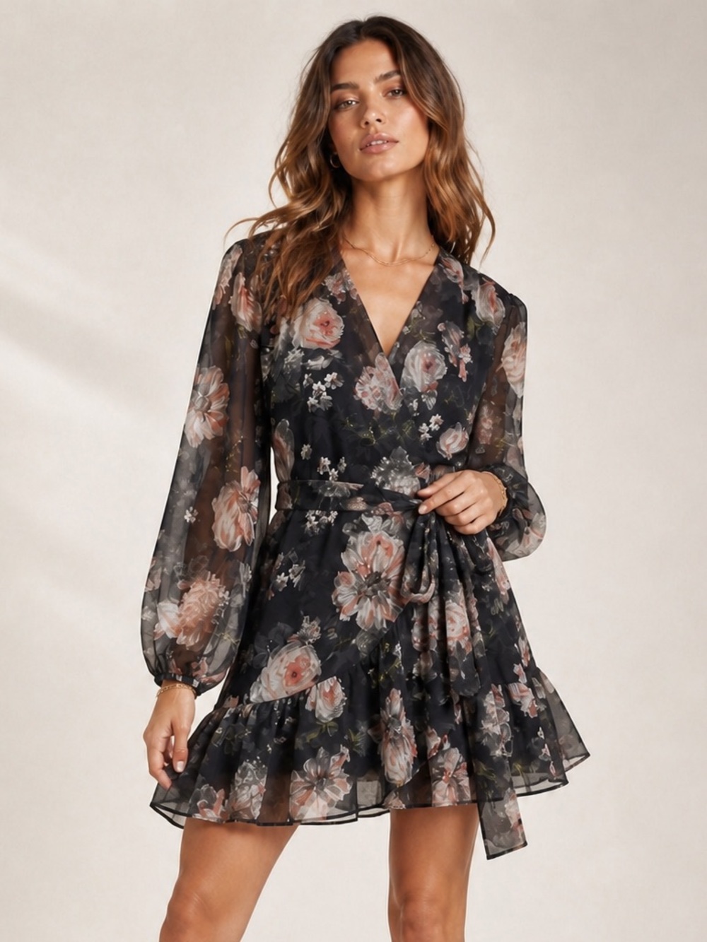 AllSaints Jade Eden Floral Wrap Mini Dress Black Pink L
